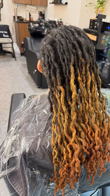 Long locs from the back, dark roots melting to honey and copper ends