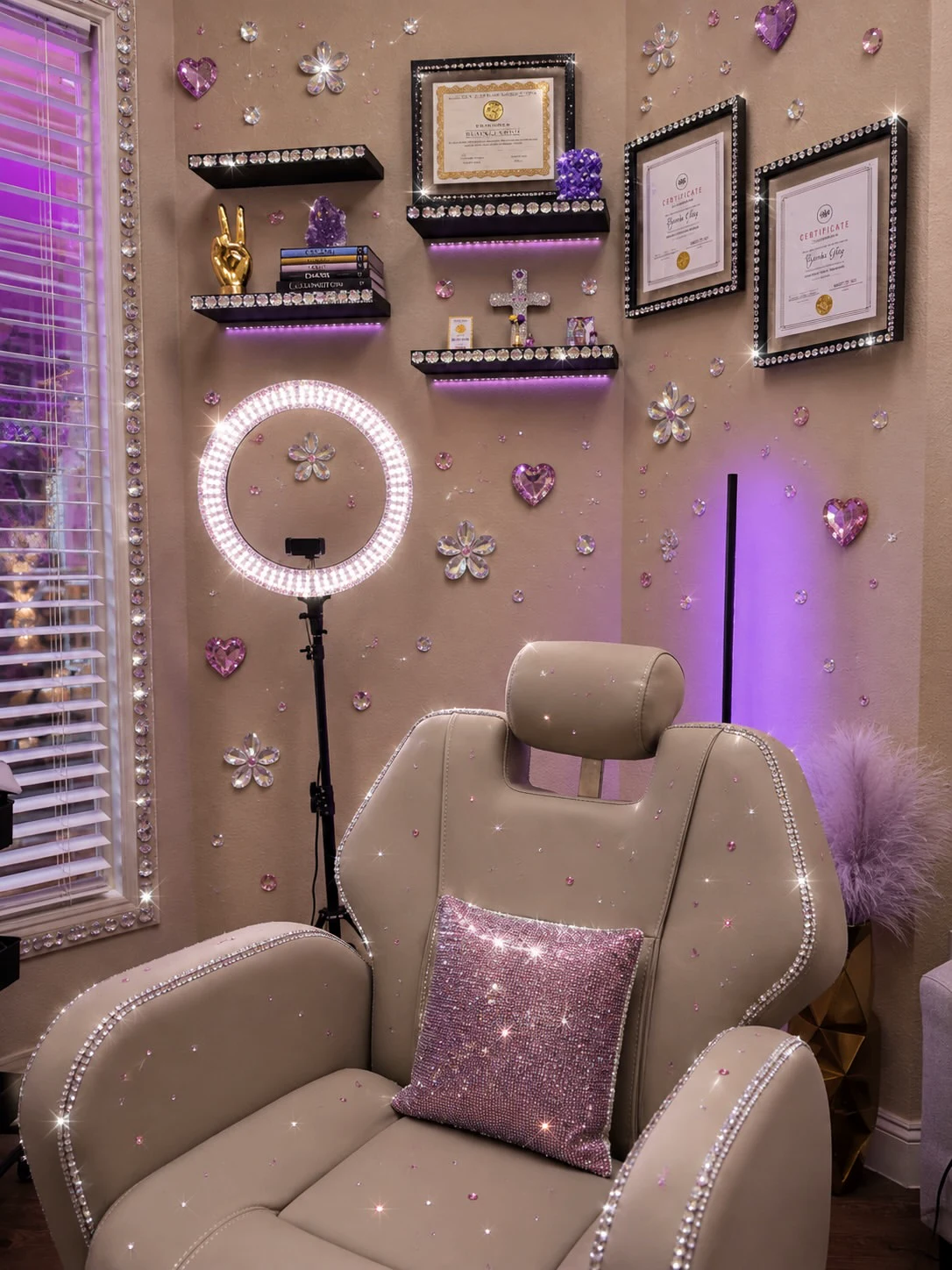 The treatment chair, framed certificates and purple details inside Lux Brow Vanity.