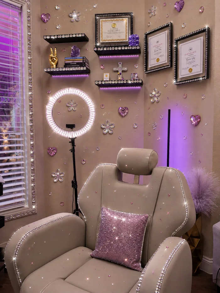 Lux Brow Vanity’s treatment chair and personalized décor.