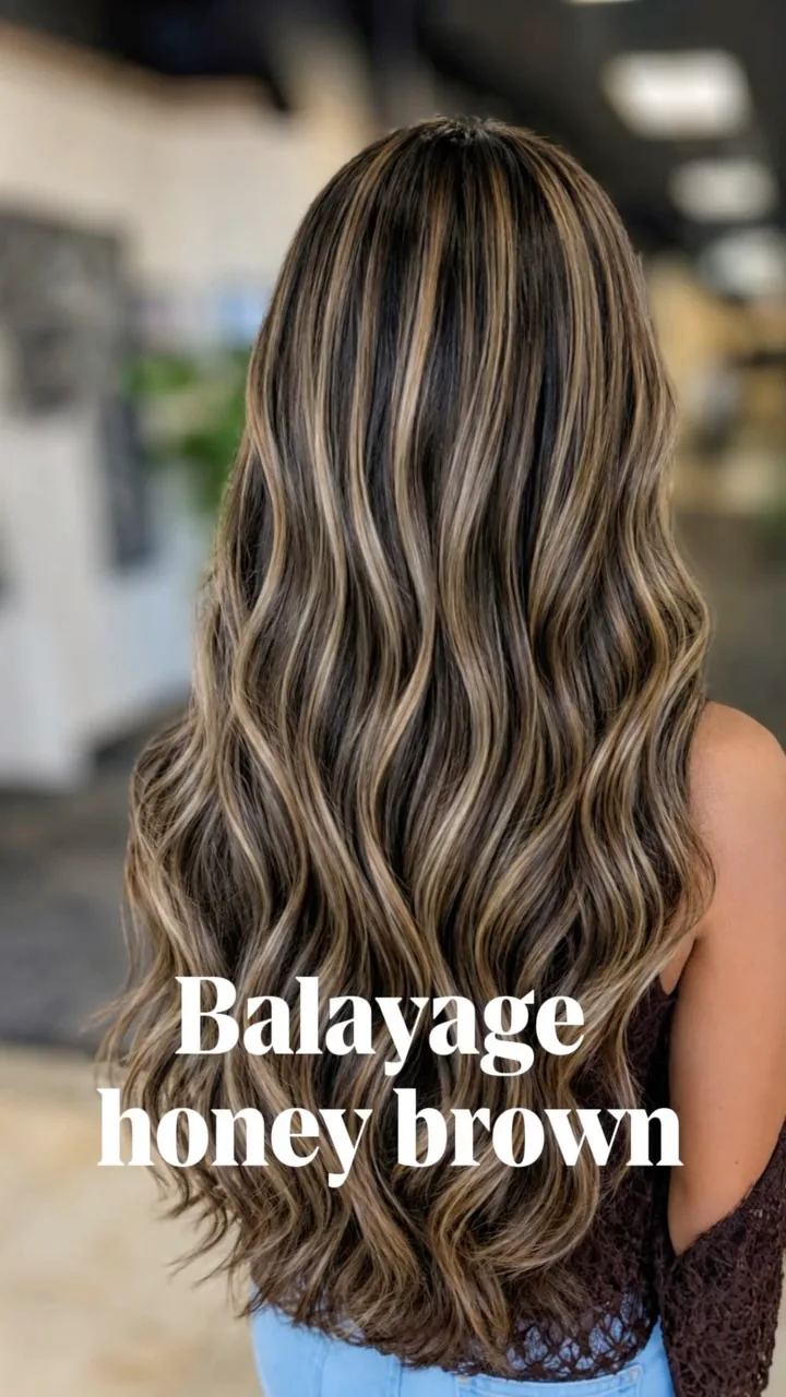 Long wavy hair with honey-brown balayage, from CS Cosmetology’s Instagram