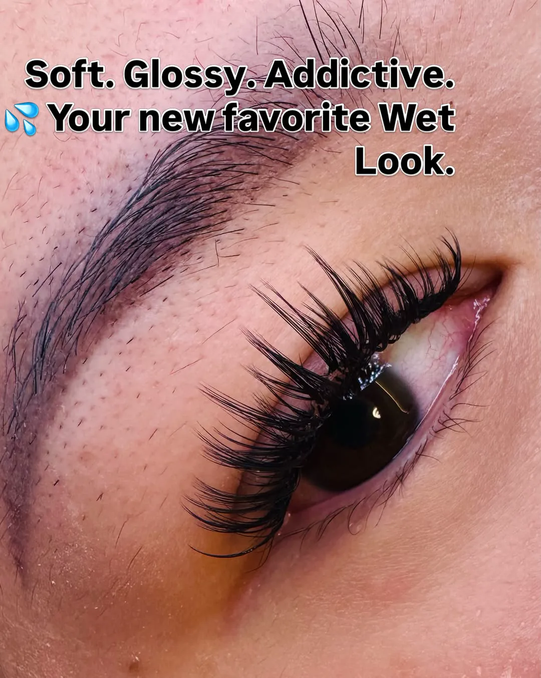 Close-up of a full wet-look lash set, from Queenie Beauty & Spa’s Instagram